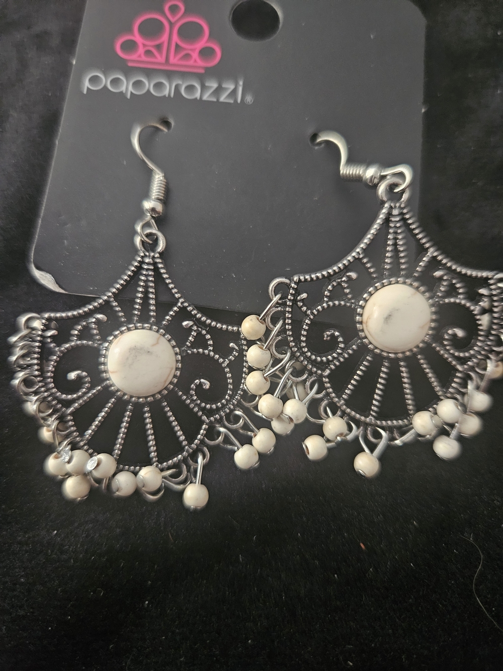 Paparazzi Silver Filigree Fan Earrings with Cream Beads